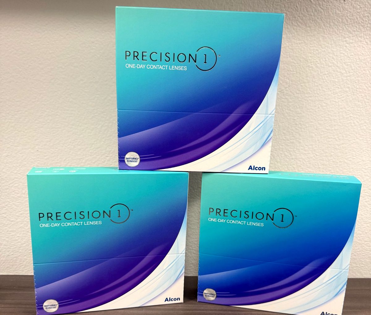 Boxes of Precision1 one-day contact lenses at Webb Eyecare.