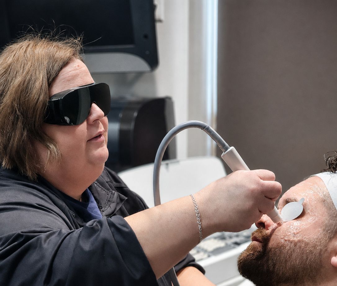 A Webb Eyecare patient receiving an OptiLight IPL dry eye treatment.