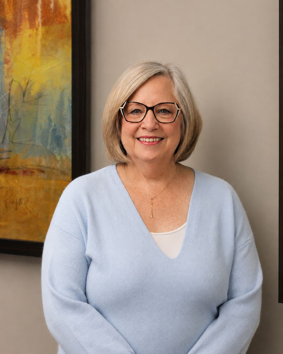 A Webb Eyecare patient wearing her new glasses after a full-service visit.