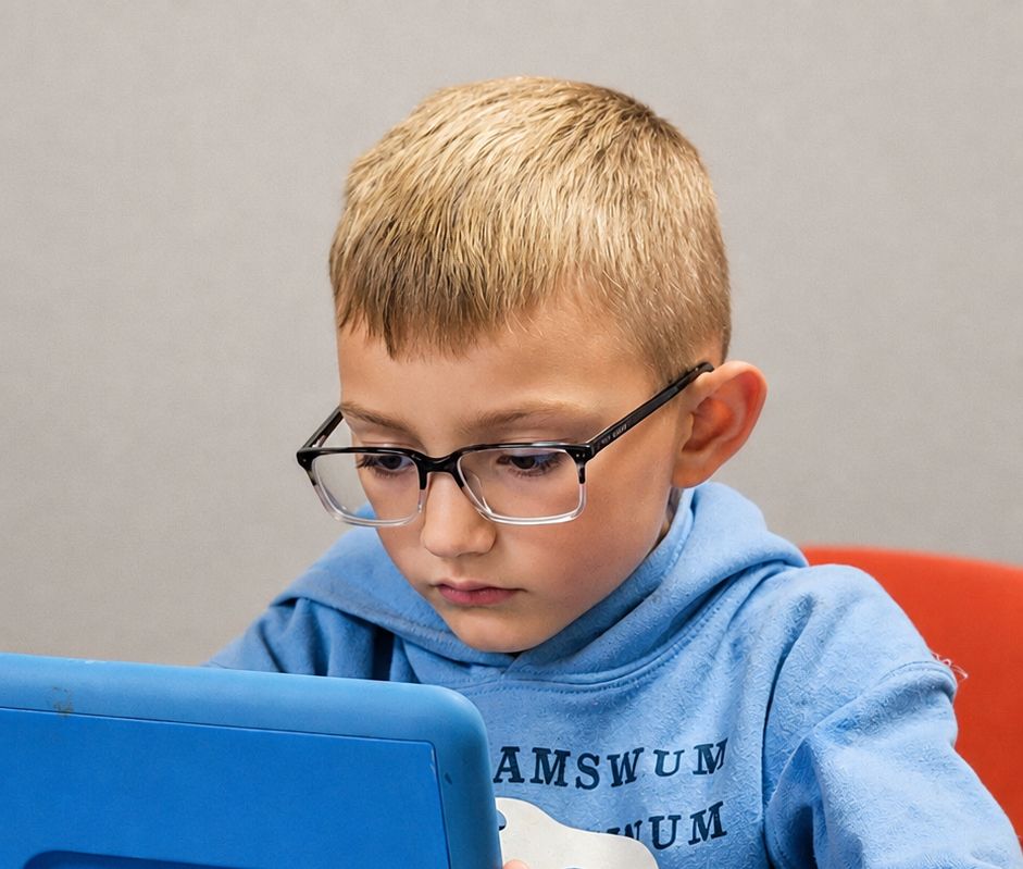 A Webb Eyecare patient in his glasses, reading up close.